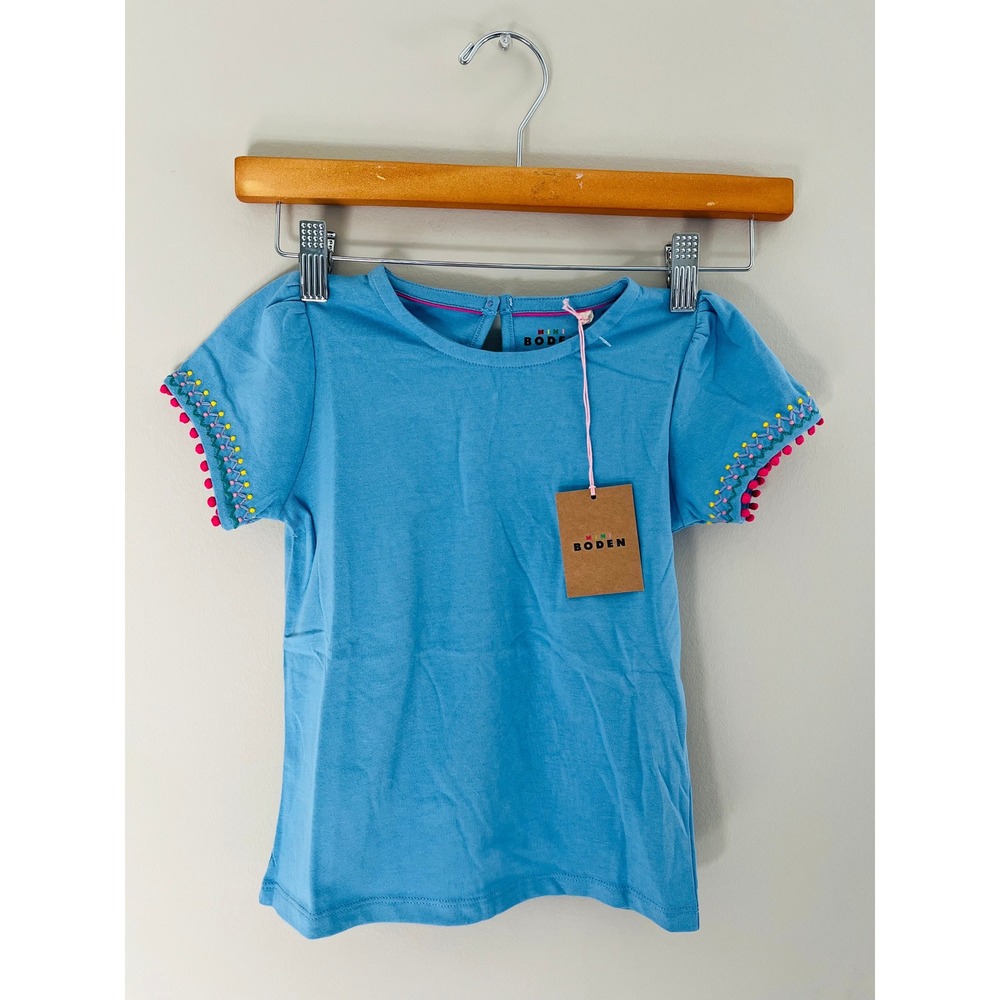 Mini Boden Girls Blue Embroidered Pom Pom Trim Short Sleeve Top 5-6Y 311